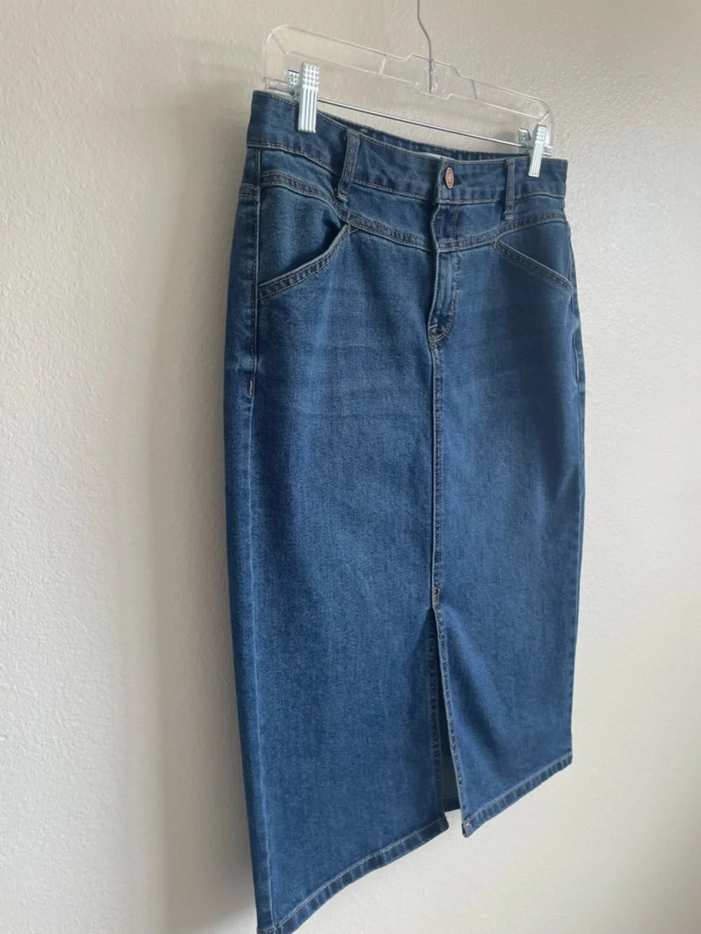 Edited x Hunter McGrady Denim Midi Skirt High Rise Front Slit Stretch Blue - 2